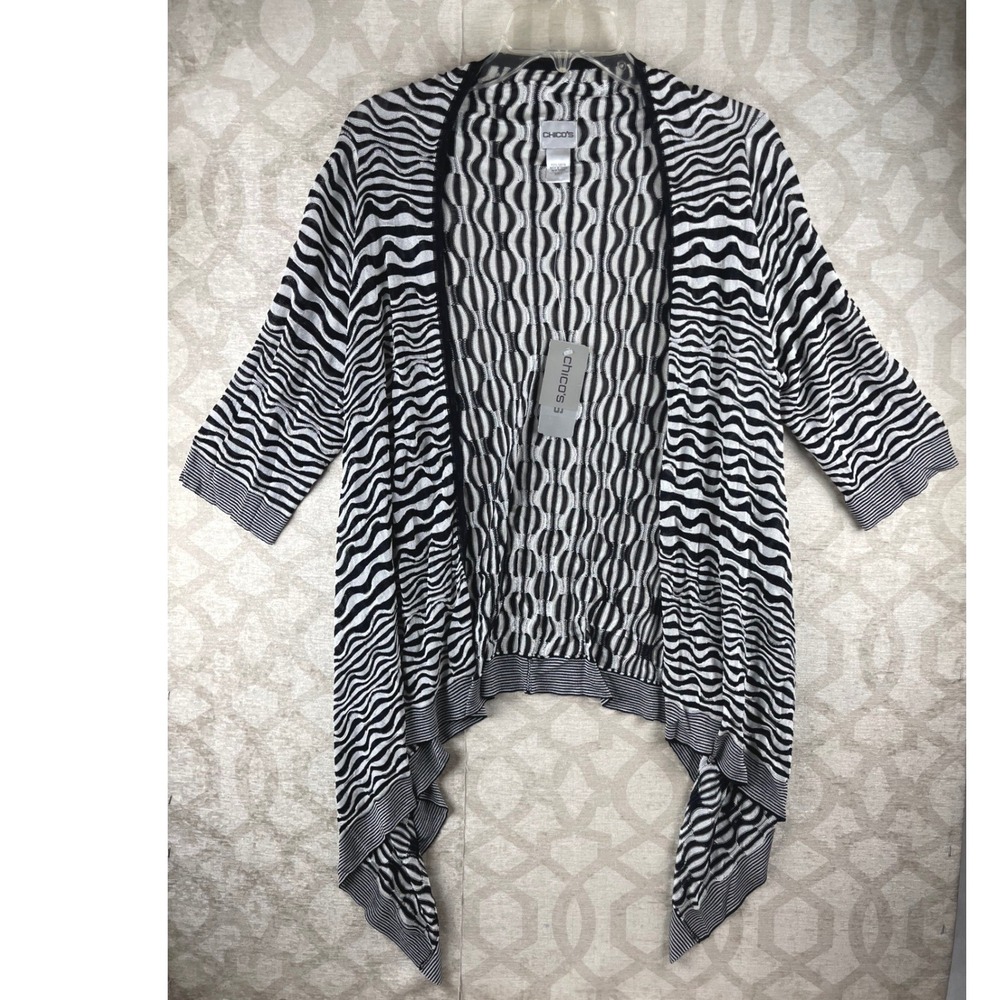 Chico's Zebra Print Open Front Cardigan Womens 1 M Black White Draped Rayon NWT